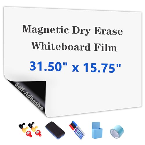 Self-Adhesive Dry Erase Whiteboard Sticker, 31.50' x 15.75' Magnetic Receptive White Board Wall Film, No Ghosting, Easy Write & Clean | Peel & Stick for Office, Home & Classroom,Incl. Accessories