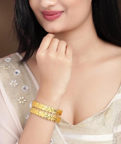 Image of Bangles Indian Rajasthani Handmade Meena Work Gold Plated Ad size 2.8 inch normal size Traditional Jewelry gifting wedding 6364 (Leaf /Patti Design-1, 2.4)