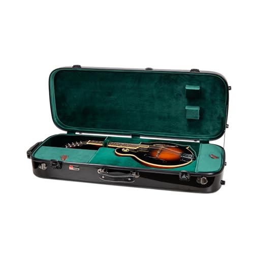 Image of Crossrock Fiberglass Mandolin Case - Oblong for A & F-Style (Universal Fit) | Black Gloss, Forest Green Velvet, TSA Lock, Hygrometer, Backpack Straps - Pro Travel Series