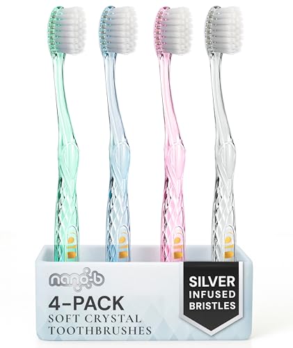 Image of Nano-b Manual Toothbrush Set for Adults with Sensitive Gums, Silver Soft /Medium Bristles, Travel Cases, Blue, Pink, Green, Crystal, 4-Pack