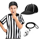 Funtery 4 Pcs Referee Costume Set Kids Referee Hat Stripe Shirt Whistle and Penalty Flag for Football Games Party Accessory(Medium)