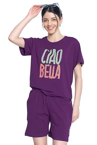Image of ZEYO Night Suit for Women's Typography Printed Cotton Night Dress of Top and Shorts