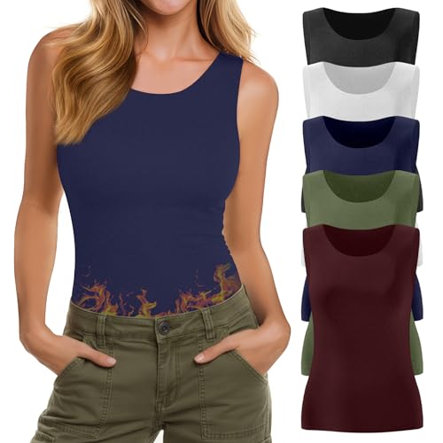 Yearntown 5 Pcs Women's Fleece Lined Tank Tops Thermal Crew Neck Sleeveless Tops Basic Casual Yoga Underwear(Black, Midnight Blue, Burgundy, Army Green, White,Medium)