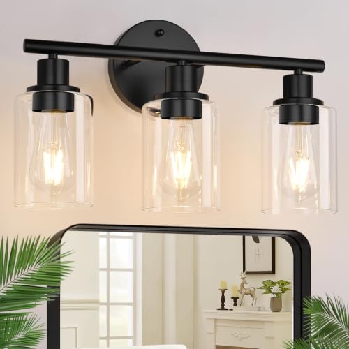 Zarbitta 3-Light Bathroom Light Fixtures, 17.23' Black Modern Vanity Lights with Clear Glass Shade, Bathroom Wall Lamp for Mirror Kitchen Living Room Hallway Cabinet Porch