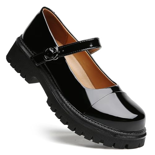OKJ Platform Mary Janes for Women, Black Mary Jane Shoes Women Low Heels Patent Leather Comfortable Chunky Mary Janes for Women, Round Toe Dressy Casual Teens Kawaii Work Shoes