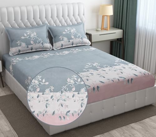 Image of FRESH FROM LOOM King Size Floral Print Microfiber Fitted Bedsheet Set - 240 TC, Anti Fade, Includes 2 Pillow Cover (Size - 78 x 72 Inches (Fits up to 10 Inch)| Grey, Walnut)