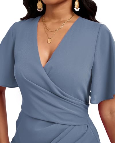Image of Women's Wrap V Neck Asymmetrical Hem Midi Ruched Cocktail Evening Dress | Back Zipper, Regular Fit, Club Night, Semi Office Formal, Wedding Dinner Date, Flutter Short Sleeve