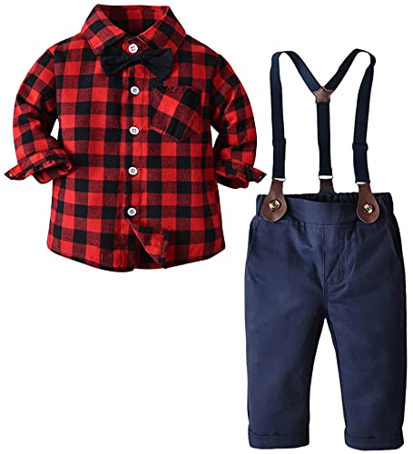Image of Baby Boy's Outfit, Long Sleeves Plaids Button Down Flannel Shirt with Bow Tie + Suspender Pants Set for Toddlers Baby & Little Boys, 2 Pieces Clothes, Red Black, Tag 60 = 3-9 Months