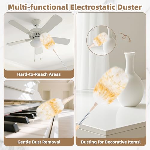 Image of LOVECO Lambs Wool Dusters for Scratch-Free Cleaning Extendable 29-49 Inch | Includes: Sticky Hooksx2, Small Dusterx1, Electrostatic Dusters Suitable for Office, Home, Car