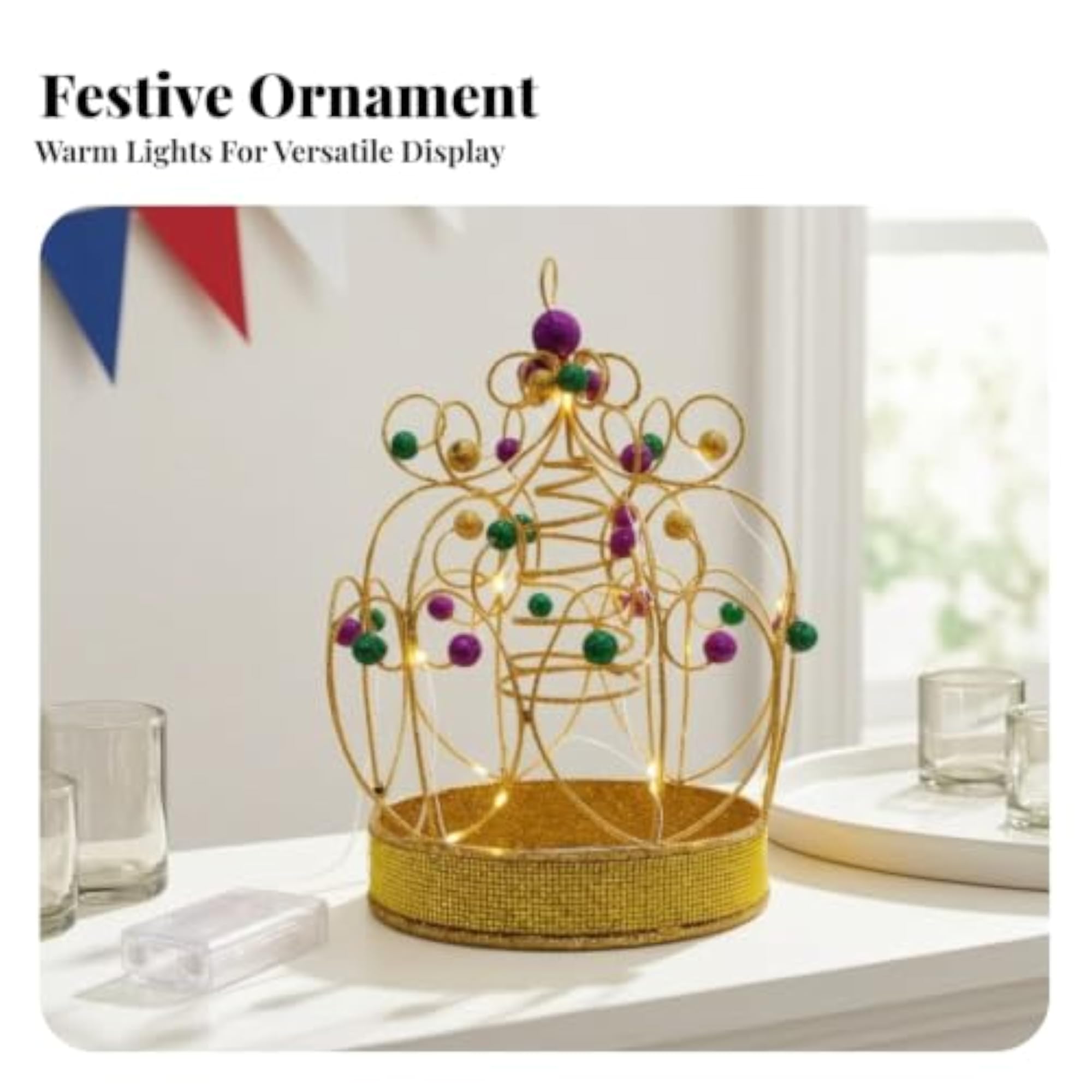 Warm-White Beaded Crown Table Light, Glittering Crown-Shaped Decoration