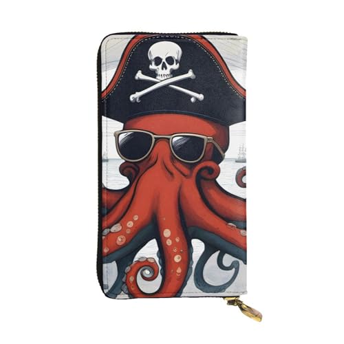 Cartoon Sailing Pirate Octopus Picture Leather Long Clutch Wallet for Fashionable Girls and Women - Durable, Stylish, and Functional, Black, One Size