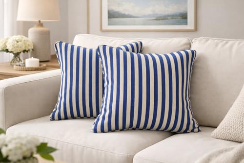 Image of 100% Cotton - Royal Blue Stripes Cushion Covers Set of 1 (16 x 16 inches) - Cushion Covers for Sofa & Living Room Decor