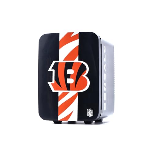 Image of Ukonic NFL Cincinnati Bengals 15-Can Mini Fridge 10L - AC /DC Powered, Official Team Colors & Logo, Portable Cooler for Tailgates, Home, Office, or Car