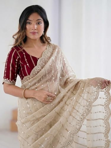 Image of SIRIL Women's Shimmer Georgette Scalloped Border Sequins Embroidery Saree with Unstitched Blouse Piece