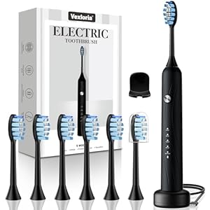 Brosse à Dents Électrique Adulte et Enfant Vexloria avec 6 Têtes, 5 Modes et Minuterie, Noir