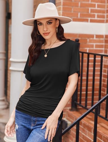 Womens Ruched Tops Casual T Shirts Dolman Short Sleeve Shirts Boat Neck Summer Off Shoulder Batwing Tops 20253