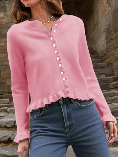 Image of Saodimallsu Womens Ruffle Cardigan Sweaters Button Up Crew Neck Long Sleeve Cropped Sweater Cute Soft Knit Tops