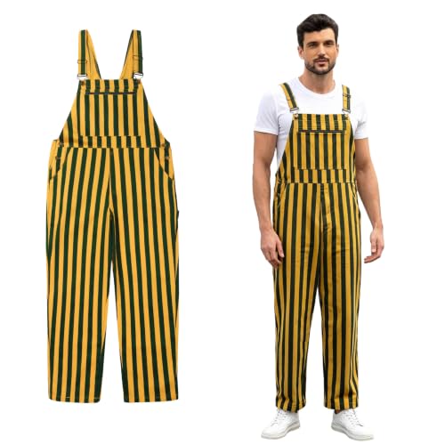 Giftdigger Game Day Overalls Men Women,Green and Yellow Striped Overalls,XL