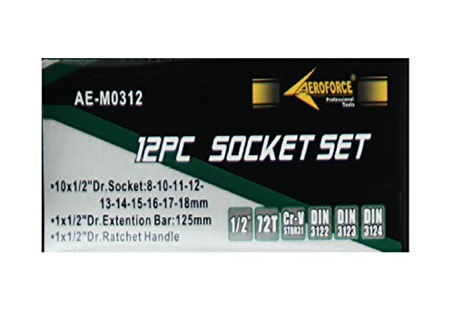 Image of Aeroforce Ae-M0312 Cr-V 1 /2 inchDr Socket Set (Silver & Green, 12 Piece)