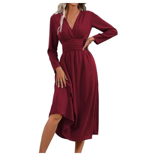 LIAMERHE Primavera Vestido Otoño Manga Larga Mujer Casual Vestidos Largos Cuello en V Elegante Plisado Vestido Línea A Vestido Largo para Fiesta Invierno Burdeos M