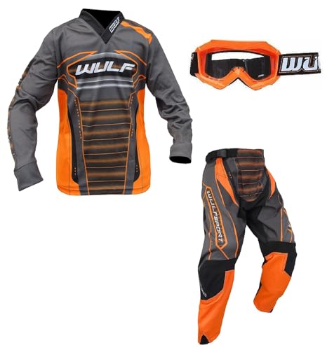 Wulf Junior - Traje y gafas de motocross para niños, color naranja, camiseta y pantalones todoterreno para Enduro, quad, motocross, BMX, deportes, kart, ATV, MX, naranja, TOP: 3-4 Years, PANT: 20