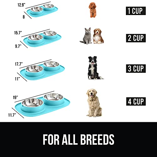 Gorilla Grip 100% Waterproof Cat And Dog Bowls And Silicone Feeding Mat Set, 4 Cup, Stainless Steel Bowl, Slip Resistant, Raised Edges, Catch Water And Food Mess, No Spills, Pet Accessories, Turq #TOP5