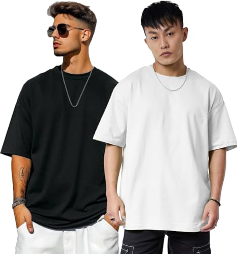Image of Oversized Drop Shoulder Half Sleeves Round Neck Solid Pure 100% Cotton T-Shirt for Men Pack of 2