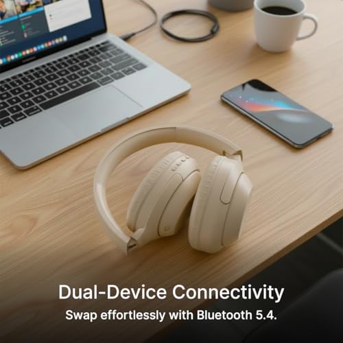 Image of pTron Studio Classic w / 75Hrs Playtime, Wireless Over Ear Headphones w /HD Mic, Dual Device Pairing, TruTalk AI-ENC Calls, Low-Latency Game & Music, Deep Bass, BT5.4 & Type-C Charging (Beige)