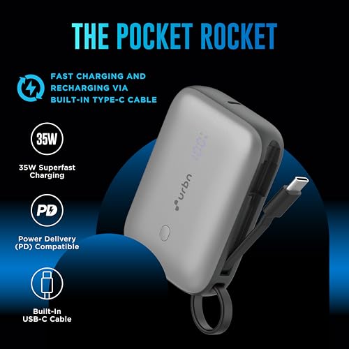 Image of URBN 10000 mAh 35W Super Fast Charging Power Bank with Built-in USB-C Cable| Triple Output | Two Way Fast Charge | Made in India | for MacBook Air, iPhone, Android & More (Grey)