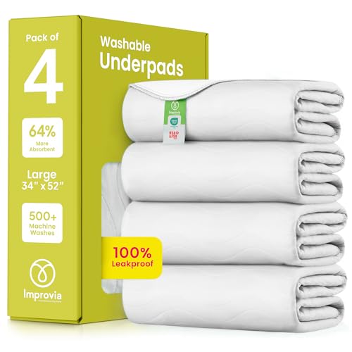 Image of IMPROVIA Washable Underpads, Heavy Absorbency Reusable Incontinence Pads for Kids, Adults, Elderly, and Pets, Waterproof Protection Floor (White, 34 inchx52 inch (Pack of 4))