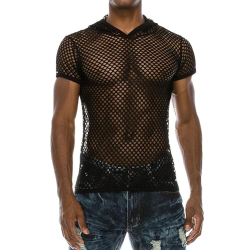 Men's Fishnet Sheer Mesh Short Sleeve Hoodie Pocket Front Hooded Sweatshirt Clubwear2