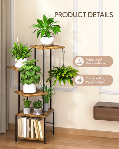 Image of Homsorout Plant Stand Indoor - 5-Tier Metal Plant Shelf with Hanging Basket Hook, Corner Tall Flower Holder for Multiple Plants, Living Room Balcony Garden Patio, Rustic Brown