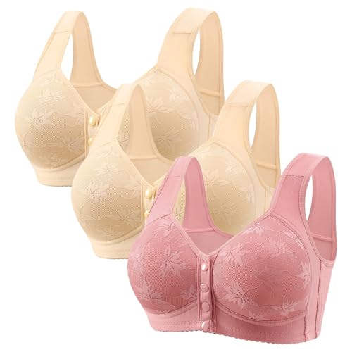 Paquete de 3 brasieres de cierre frontal para mujeres mayores del Reino Unido, talla grande, transpirables, con pechos caídos, sin varillas, push up, para uso diario, súper cómodo, para mujer, Rojo De