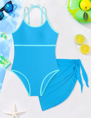 Image of WIQI Girls Swimsuit One Piece Bathing Suit Color Contrast Trim Girls' Swimwear with Cover Up Skirt Size 9-16