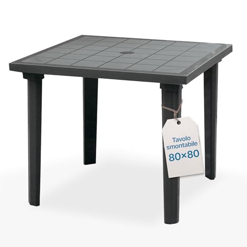 Tomaino - Tavolo Da Giardino In Plastica Quadrato - Tavolo Plastica Esterno per 4 Posti con Gambe Smontabili e Foro per Ombrellone - Tavolino da Esterno Nero