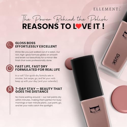 Image of Ellement Co Dusk Nail Paint for Women 10 ML | Soft Nude Pink Nail Colour | High Gloss Long Lasting Polish | Quick Dry Smooth Application | Chip Resistant Formula with Salon Like Finish | Vegan, Non-Toxic for Office & Party