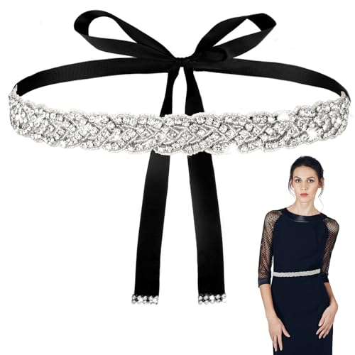 Extended Rhinestone Belt for Formal Dress, Fancy Women Sparkly Crystal Black Belts Glitter Sequin Bridal Wedding Bling Jeweled Accessory