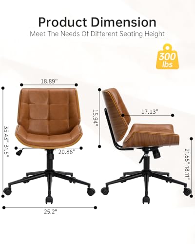 Image of Home Office Chair No Arms,Armless Adjustable Height Small Desk Chair,PU Leather Swivel Computer Chair with Wheels,Mid-Century Modern Walnut Mid Back Chair for Office, Reading Room,Bedroom(Brown)