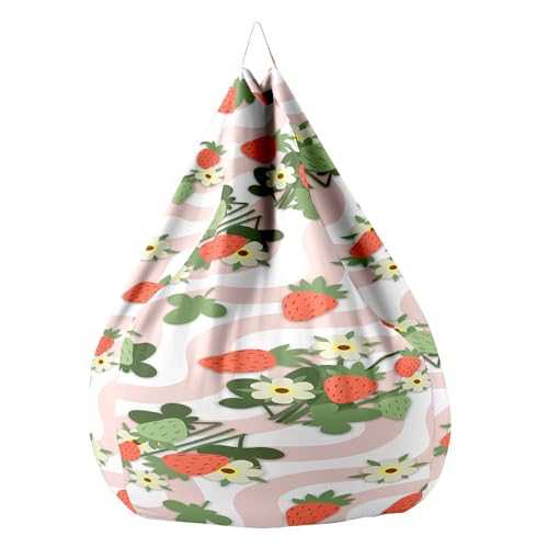 Fasbuy 3D Fresa Puff Salón con Asa, Sin Relleno, XXL Funda de Puff Gigante, Salon Bean Bag para Adultos/Juvenil/Niños, Exteriores y Interiores (Flores y Hojas,80x90cm)