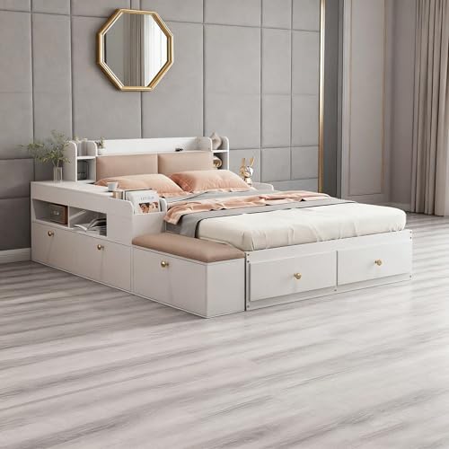 Cama combinada de 140 x 200 cm, madera maciza blanca, con cajones, mesita de noche, armario largo, cama de almacenamiento, cama de tatami, cama doble (blanco)