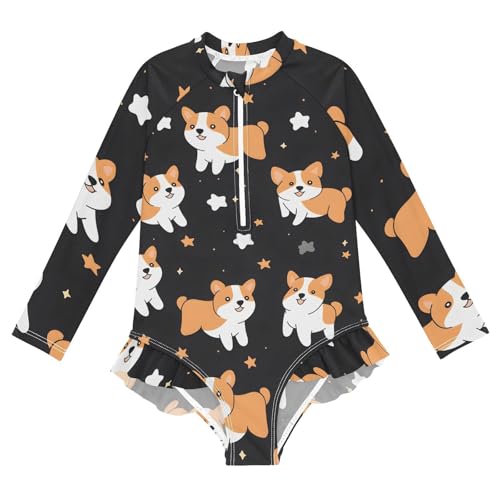 Girls One Piece Swimsuits Long Sleeve Swimsuit Zipper Bathing Suits Corgis Dog Star Black