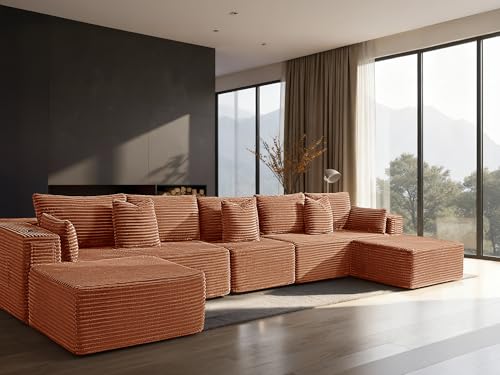 Image of 168 inch Cloud Sectional Couch, Comfort U Shaped Sofa for Living Room, Extra Deep Seats No Assembly, Minimalist Modular Couch, Corduroy (Deep Orange, 7 Seats,U-Shape A)