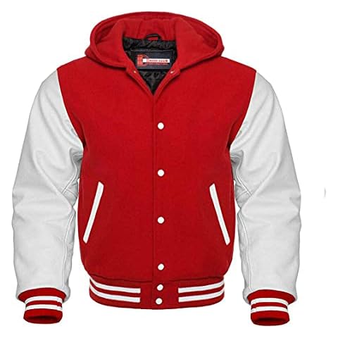 Dress Club International Men's Varsity Letterman Baseball Wool Leather Jacket in Wool body and Genuine Leather Sleeves in Customized Sizes and Colors (Red Hoodie, X-Large) Cover