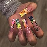 IMRAIN Press on Nails Long Square Fake Nails Colorful Ombre French Nail Tips Full Cover Glossy Glue Stick on Nails Acrylic Summer Color False Nails for Women Girls 24Pcs