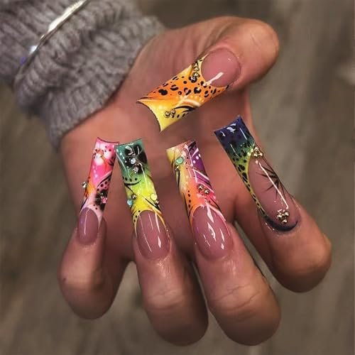 IMRAIN Press on Nails Long Square Fake Nails Colorful Ombre French Nail Tips Full Cover Glossy Glue Stick on Nails Acrylic Summer Color False Nails for Women Girls 24Pcs