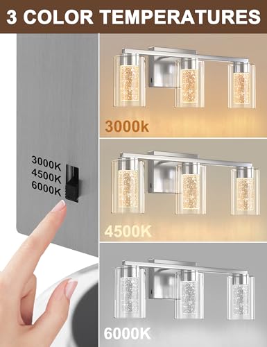 Image of DORESshop 3-Light Brushed Nickel Bathroom Lighting Fixtures Over Mirror, LED Vanity Light for Bathroom with Crystal Bubble, White /Neutral /Warm Dimmable Vanity Lighting Fixtures with Clear Glass Shade