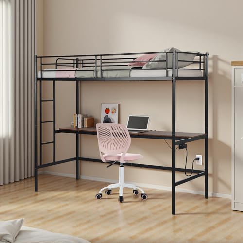 HOMYLIN Loft Cama con Escritorio, Litera Infantil 90 x 200 cm, Cama Individual Metal con Enchufe para Niños, Adolescentes y Adultos, Negro