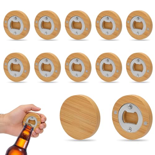 Apribottiglie in Legno, 12 Pezzi, Apribottiglie Birra Rotondi con Magnetico, in Acciaio Inox e Bambù, Robusti e Durevoli, Adatti per Casa, Ristoranti, Matrimoni e Feste