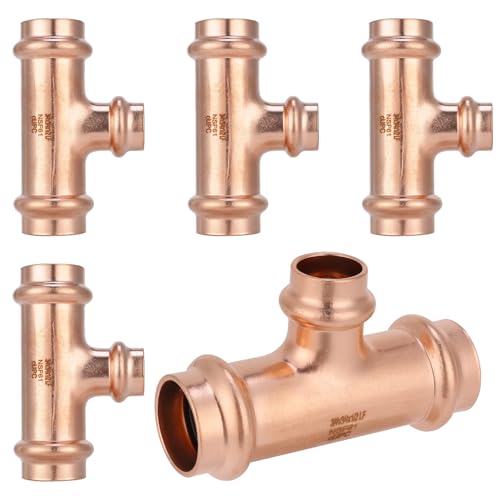(5-Pack YVSKM) Copper Press Fittings 3/4\"x3/4\"x1/2\" Reducing Tee,Zero Lead Plumbing Pipe Connector | Compatible with Copper Pipes, Water Supply & Hydronic Heating Systems | Durable Press Fit Design