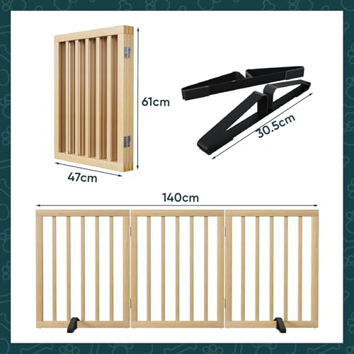 Semiocthome Freistehendes Hundegitter aus Bambus für Türen, 3-teilige Indoor-Welpentore für das Haus mit 2 Metallständern, 61 cm (H), zusammenklappbares Haustiergitter für Treppen, erweiterbar bis zu